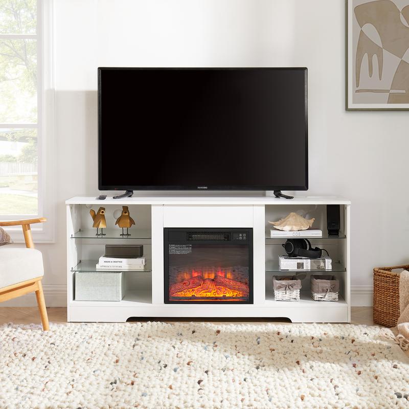 58 Inch Modern TV Stand with Electric Fireplace, LED Light Glass Shelves Entertainment Center, USB Outlets & Storage for TVs up to 65", Living Room TV Console in White