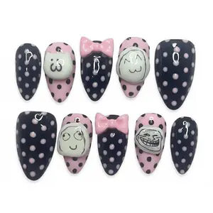 Funny Meme Polka Dot Y2K With 3D Troll Face Press On Nails, Cartoon Expressions and Pink Bow