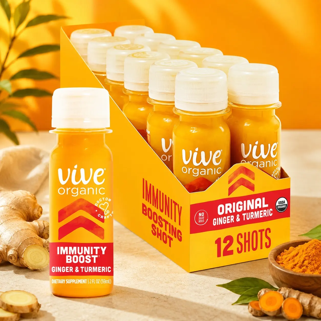 Immune Support Shot 2 Fl Oz Pack Organic Vive Cold-Pressed Ginger Turmeric