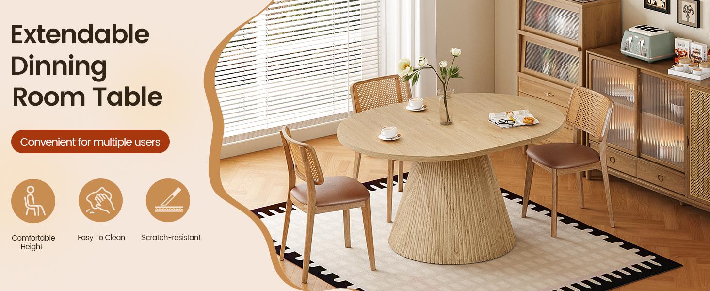 Giratree 43.3"–59" Expandable Round Dining Table for 4–8, Space-Saving Oval Dining Table with Detachable Leaves, Modern Transformer Table with Fluted Pedestal Base for Kitchen & Dining Room
