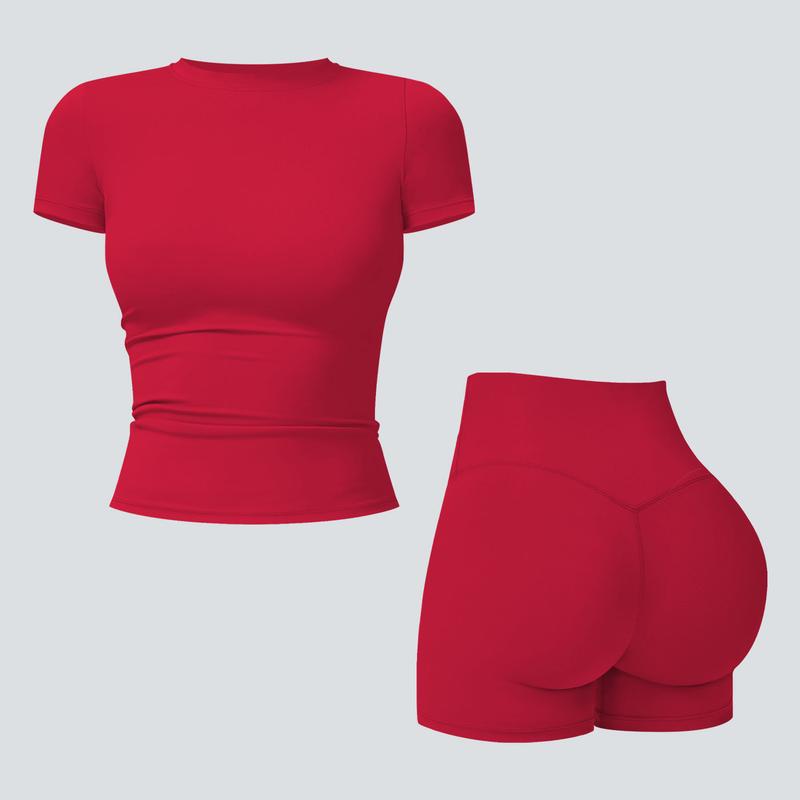 Tenwolf Women's Solid Ribbed Crop T-Shirt & High-Waisted Shorts Set, Quick-Dry for Yoga, Gym, Workouts, Running, Ladies' Sports Apparel for All Seasons, Women's Workout Sets, Women's Workout Clothing, Fitness Clothing, Casual Activewear, Fitness Summer Bo