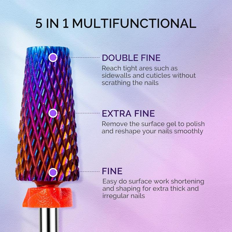 MelodySusie 3Pcs Nail Drill Bits Set, 3/32'' Carbide Tungsten Bits, 5 in 1, Smooth Round Top Large Barrel and Tornado Bits, Suitable for Manicure Pedicure Cuticle Gel Acrylic Remover, Purple