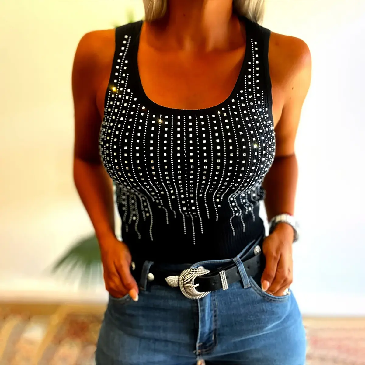 Rhinestone white tank top - TikTok Shop