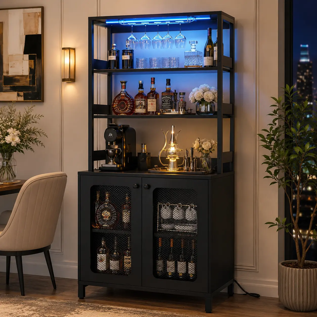 Homieasy 67" Tall Bar Cabinet with Power Outlets, Wine Bar Cabinet Liquor Cabinets with LED Lights and Glass Holder, Coffee Bars Station for Living Room, Microwave Stand Bakers Rack Cabinets, Black
