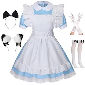 Women's Lolita French Maid Outfit Halloween Anime Costume with Apron Gloves Headband Socks 6 Pcs Set