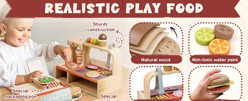 Play Food Sets for Kitchen, Wooden Toys for Gifts, Pretend Play, Wooden breakfast toys，Cutting food toys，Toy food educational gifts，Accessories with breakfast