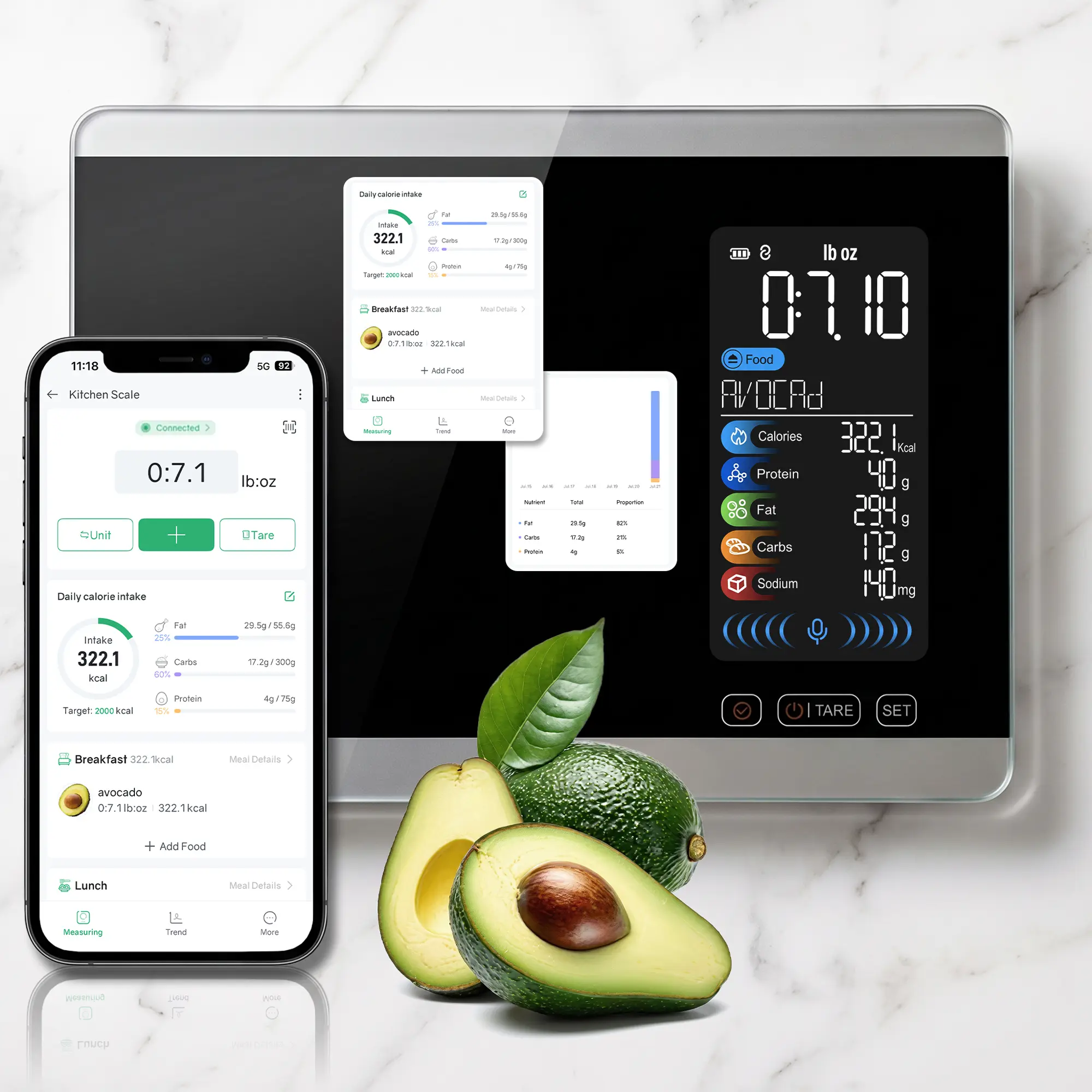 Housmax Voice-Activated Food Scale, 500 Offline Foods Built In + 50 Custom Favorites, Smart Nutrition Scale With Optional App, Type-C Rechargeable, Color LCD, for Diet Baking Cooking
