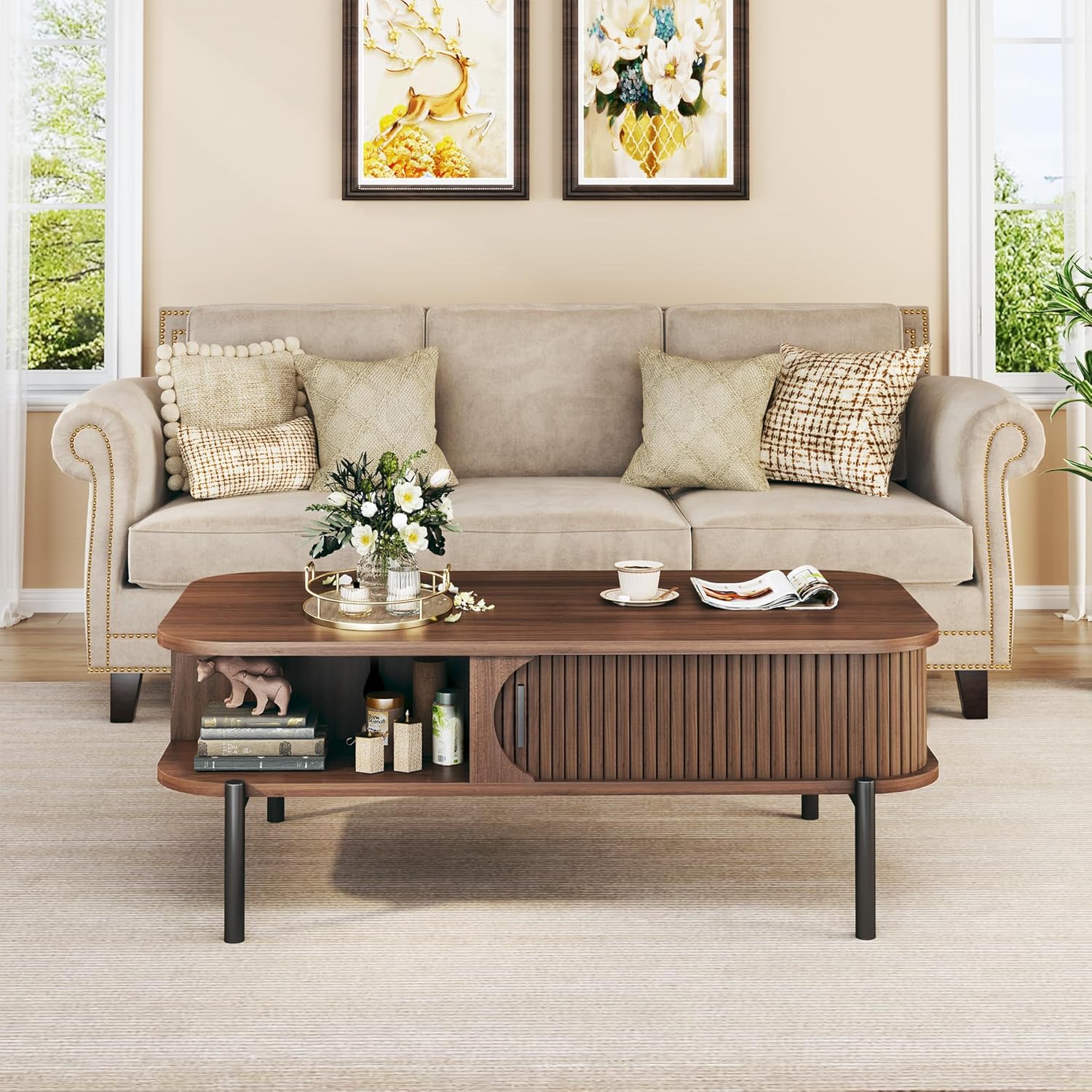 Coffee Table, 39.4" Mid Century Modern Coffee Tables for Living Room, Coffee Table with Storage Open Shelf, Fluted Table with Sliding Cabinet Door, 2-Tier Rustic Wood Desktop, Walnut Coffee Table, 39.4" Mid Century Modern Coffee Tables for Living Room, Coffee Table with Storage Open Shelf, Fluted Table with Sliding Cabinet Door, 2-Tier Rustic Wood Desktop, Walnut