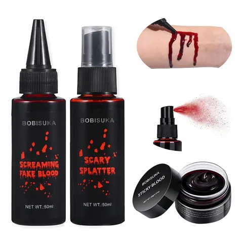 BOBISUKA 3-Products Halloween Fake Blood Cosmetic Kit - Coagulated Formula, Spray, Dripping Type, Washable SFX Props for Halloween Costume, TV Shows, Face Paint, Crafts; Apply on Face, Arms, Legs,familyfun