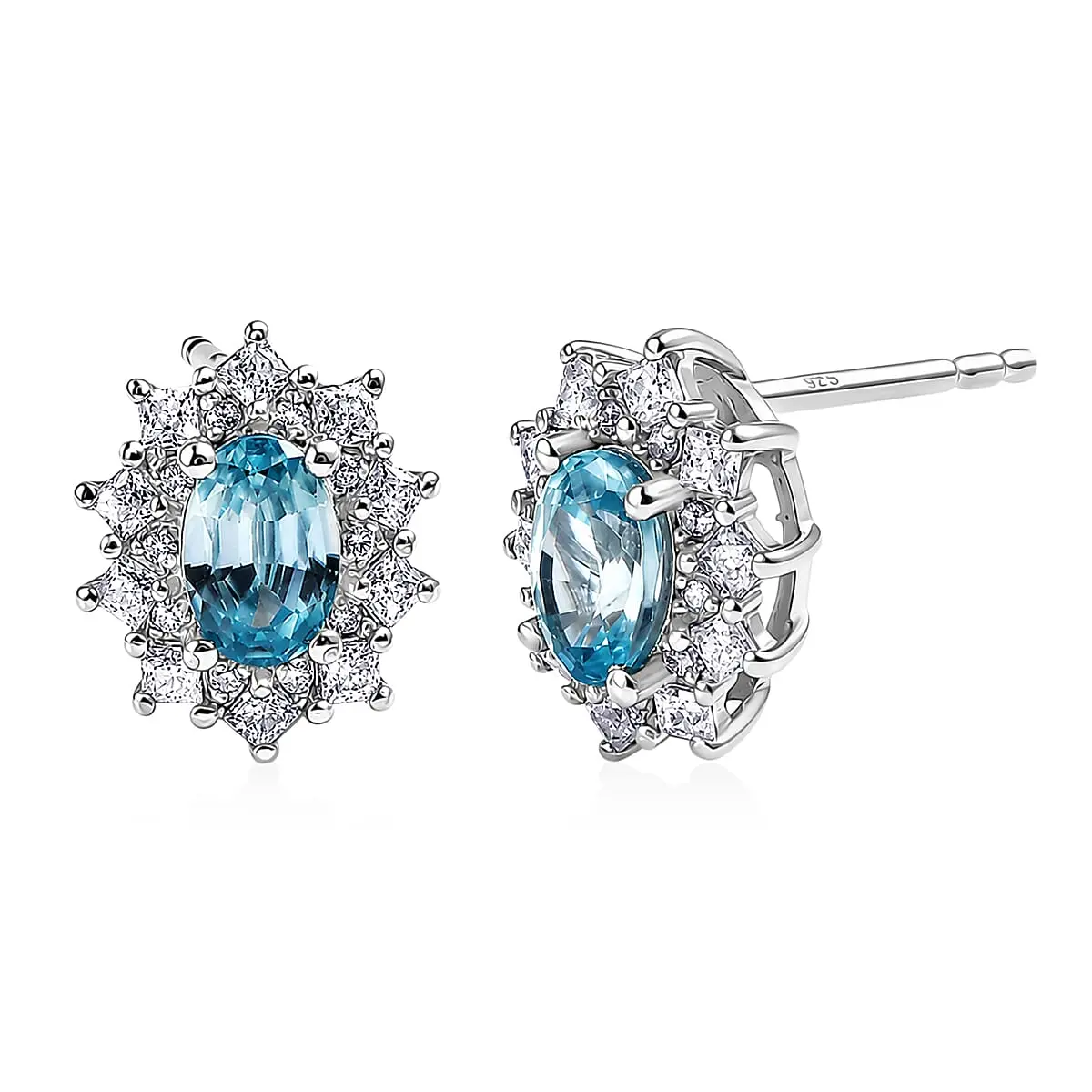 D'Joy Premium Cambodian Blue Zircon, Moissanite Azure Sunflare Earrings in Rhodium Over Sterling Silver 2.00 ctw