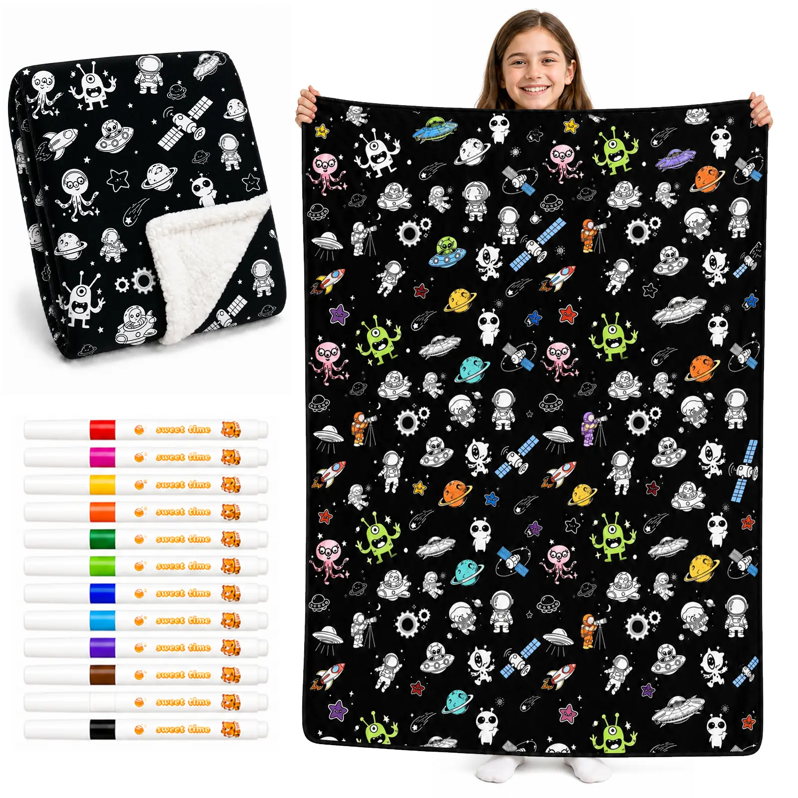 Adult Dinosaur Coloring Blanket - 50x58 in Oversized High-Density Oxford Fabric with Soft Sherpa Polyester Fleece, 12 Smudge-Resistant Fabric Markers, Classic Creative Fun DIY Washable Blanket Throw, Ideal Gift
