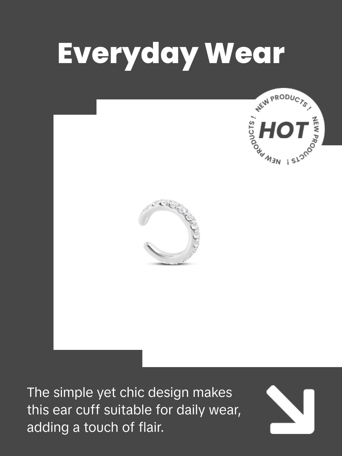 Single Glitter Ear Cuff - Simple Design with Glitter Accents, Ideal for Everyday Wear 925 sterling silver