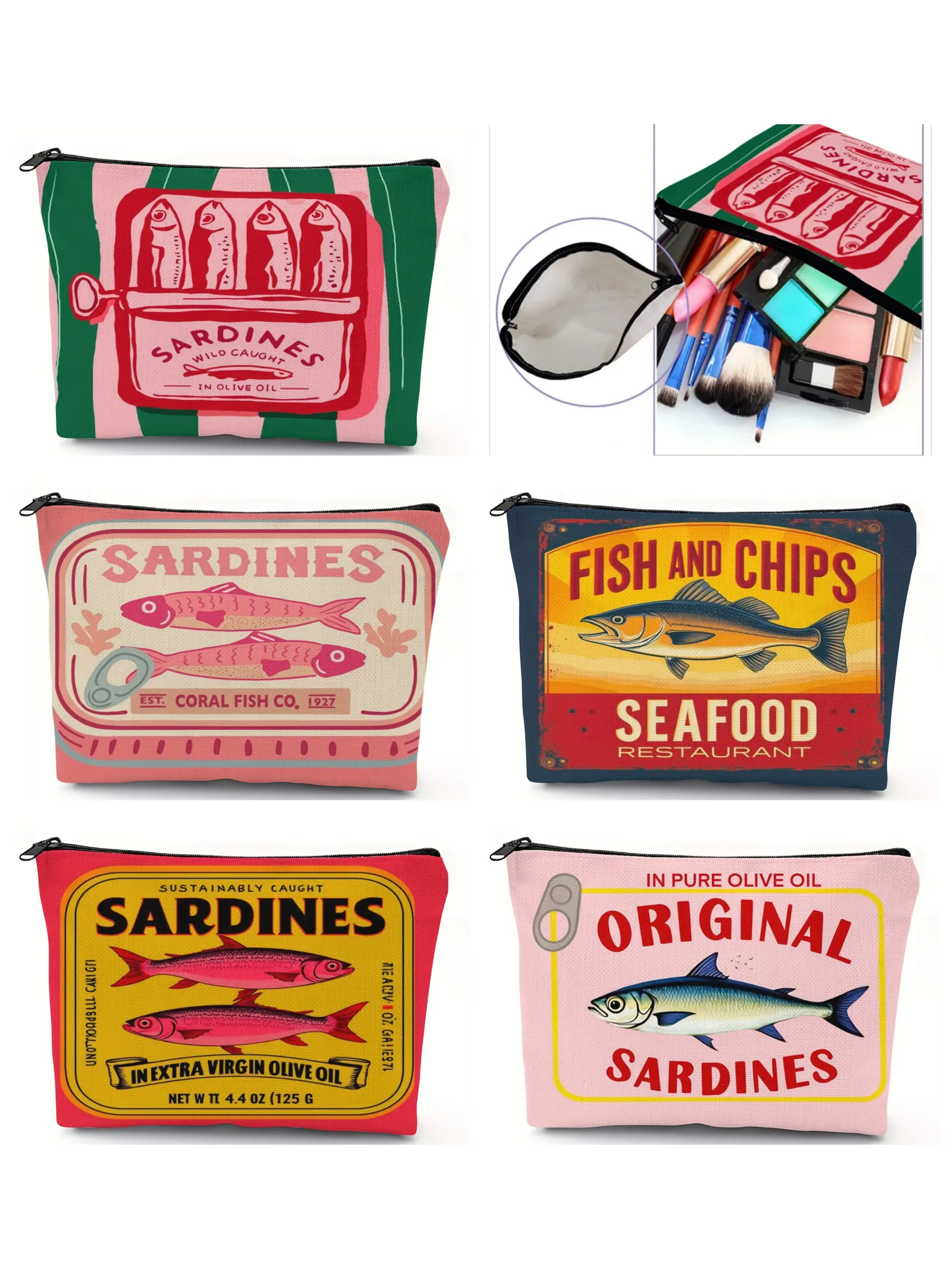 Vintage Sardine Pattern Makeup Bag, Cosmetic Bag, Foldable Zipper Pouch, Unisex Travel Organizer, Gift for All Occasions, Cartoon Design
