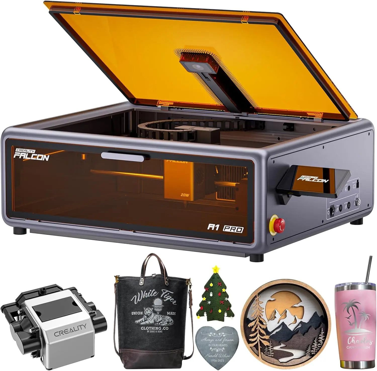 Creality Falcon A1 Pro 20W Laser Engraver-Cutter, Full Enclosed 180W Output Machine, Touchscreen, AI Auto Focus, APP Control, Pre-Assembled, High Detail, Class 1 Safety, Ideal for Metal/Plastic/Wood, Cutting+Engrave