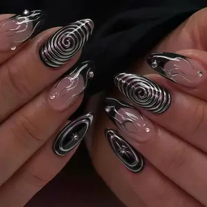 Black Silver Lines Pearl Nails ,French Style Nails,Hand Painted Nail,Custom Press on Nails,3D Nails,
