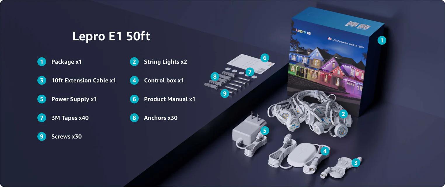 Lepro AI Permanent Outdoor Lights E1-60 100ft with 60 Triple-LED RGBIC+Warm/Cool White Smart Lighting App Control Alexa Google Enabled for Christmas Halloween