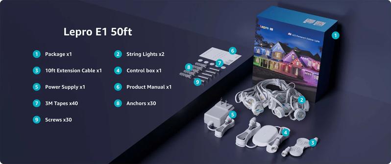 Lepro AI Permanent Outdoor Lights E1-60 100ft with 60 Triple-LED RGBIC+Warm/Cool White Smart Lighting App Control Alexa Google Enabled for Christmas Halloween