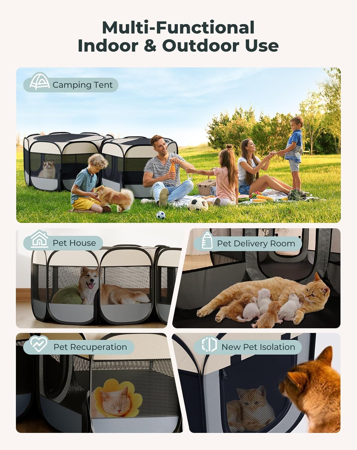 PAWGIANT Cat Playpen, Large Portable Puppy Playpen, Indoor & Outdoor 2-in-1 Pop-up Dog Pet Tent Portable Mesh Playpen, 2-Room Foldable Dog Playpen, Spacious Comfortable Breathable Visible Easy,  for Indoor Outdoor Dogs, Cats, Small Animals