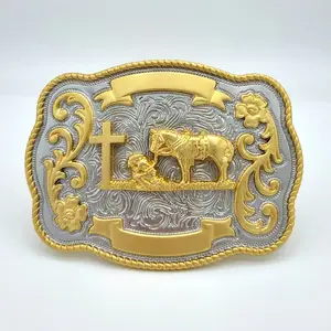Praying Cowboy Western Belt Buckle –  Gold & Silver Tones Rodeo Hebilla for Cowboy Vaquero Belts