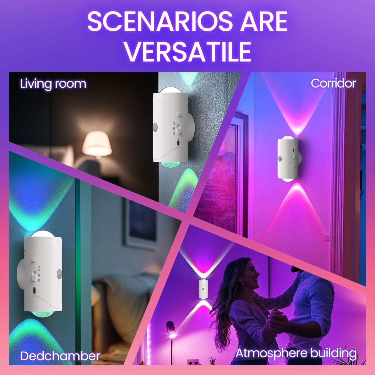 Motion Sensor Light Indoor, Rechargeable Battery Night Light, Ultra-Long Battery Life, Magnetic Stick On Motion Sensor Light 3 Brightness Adjustment Modes for Bedroom, Stairway, Hallway, Outdoor, RGB, Sunset Night Lamp, Christmas, dimmable wall lamp fathe