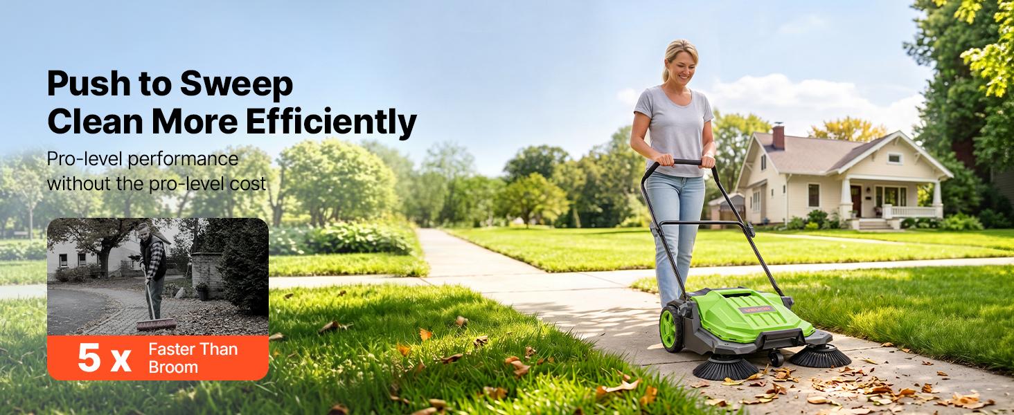 VEVOR Walk-Behind Hand Push Floor Sweeper, Manual Floor Sweeper Non-Electric with 25.6" Sweeping Width, 5 Gallons Waste Container & Adjustable Folding Handle for Yards Walkways Patios Garages - Green VEVOR Walk-Behind Hand Push Floor Sweeper, Manual Floor Sweeper Non-Electric with 25.6" Sweeping Width, 5 Gallons Waste Container & Adjustable Folding Handle for Yards Walkways Patios Garages - Green