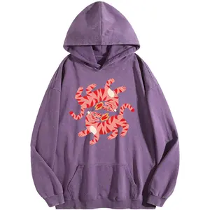 Holafish Women's Playful Tiger Cartoon Acid Washed Hoodie Vintage Cotton Polyester Blend Relaxed Fit Casual Street Style Tunic