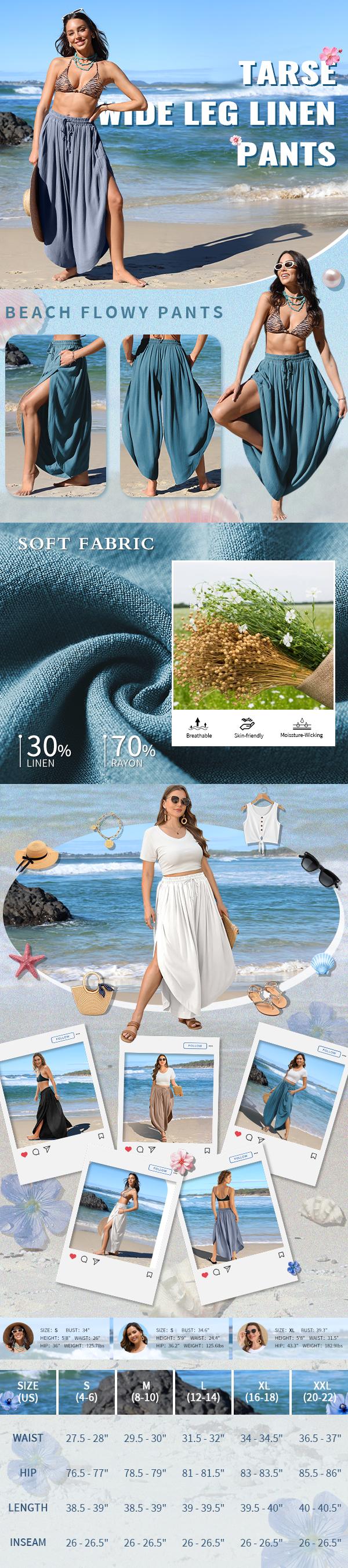 TARSE Womens Linen Blend Breathable Wide Leg Split Skirt Pants Boho Loose Palazzo High Waist Elastic Waist Drawstring 2026 Beach Vacation Pants