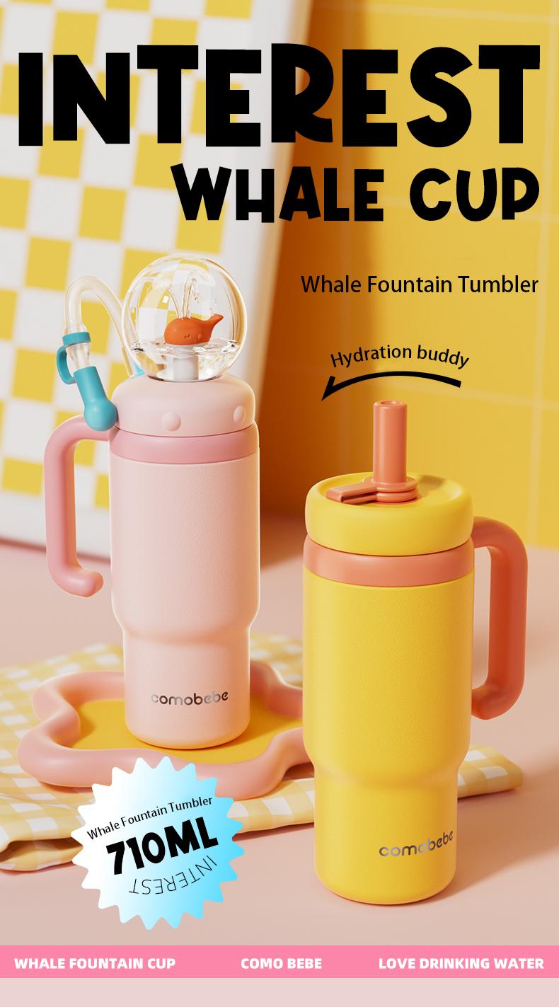 【COMOBEBE】24oz Stainless Steel Whale Fountain Tumbler – Spill-Proof, Dual Lids, Durable Handle, Dishwasher Safe, Cute and Fun for Kids & Adults