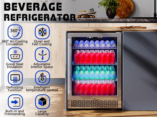 AMERLIFE Beverage Refrigerator-24 In fridge with Glass Door, Adjustable Shelves and LED Touch Panel, Under Counter Design for Wine Beer, Built-In or Freestanding Use, 34-64℉