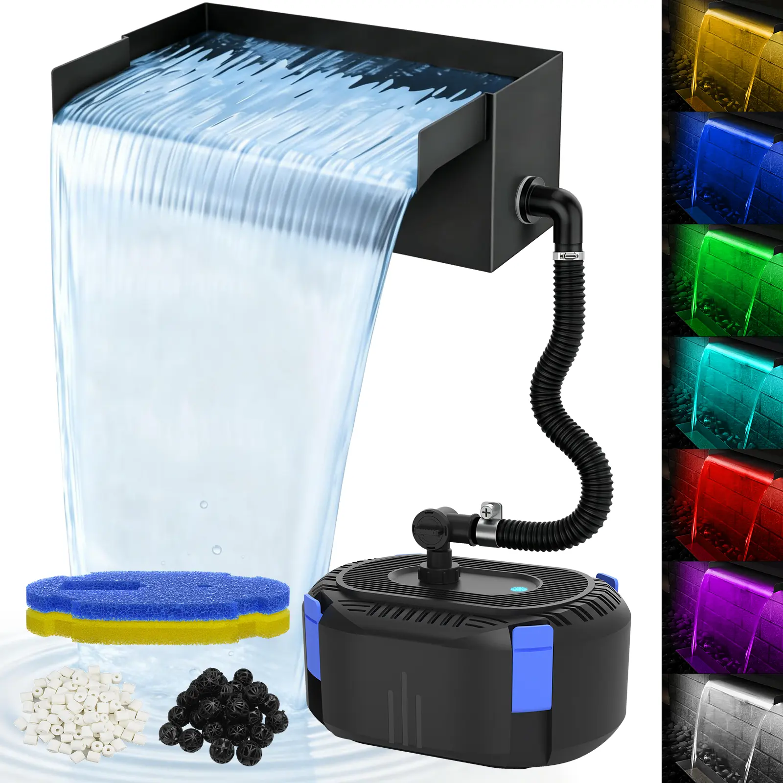 AquaMiracle Pond Waterfall Kit with LED Lights, All-in-1 Stainless Steel Spillway with Pond Filter Pump, Outdoor Waterfall with 4-Stage Filtration for Garden, Backyard & Pool Decor