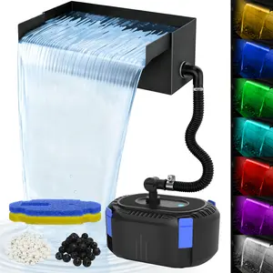 AquaMiracle Pond Waterfall Kit with LED Lights, All-in-1 Stainless Steel Spillway with Pond Filter Pump, Outdoor Waterfall with 4-Stage Filtration for Garden, Backyard & Pool Decor