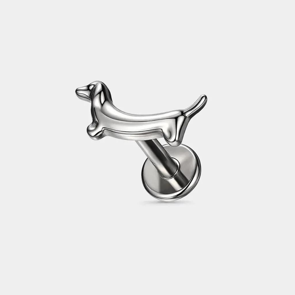 OUFER Body Jewelry 16G Unisex Titanium Dachshund Silhouette Cartilage Ear Studs - Internally Threaded, 6mm Bar Length, Body-Safe, Non-Tarnish, Minimalist Dainty Modern Screw Piercing Jewelry for Daily Wear