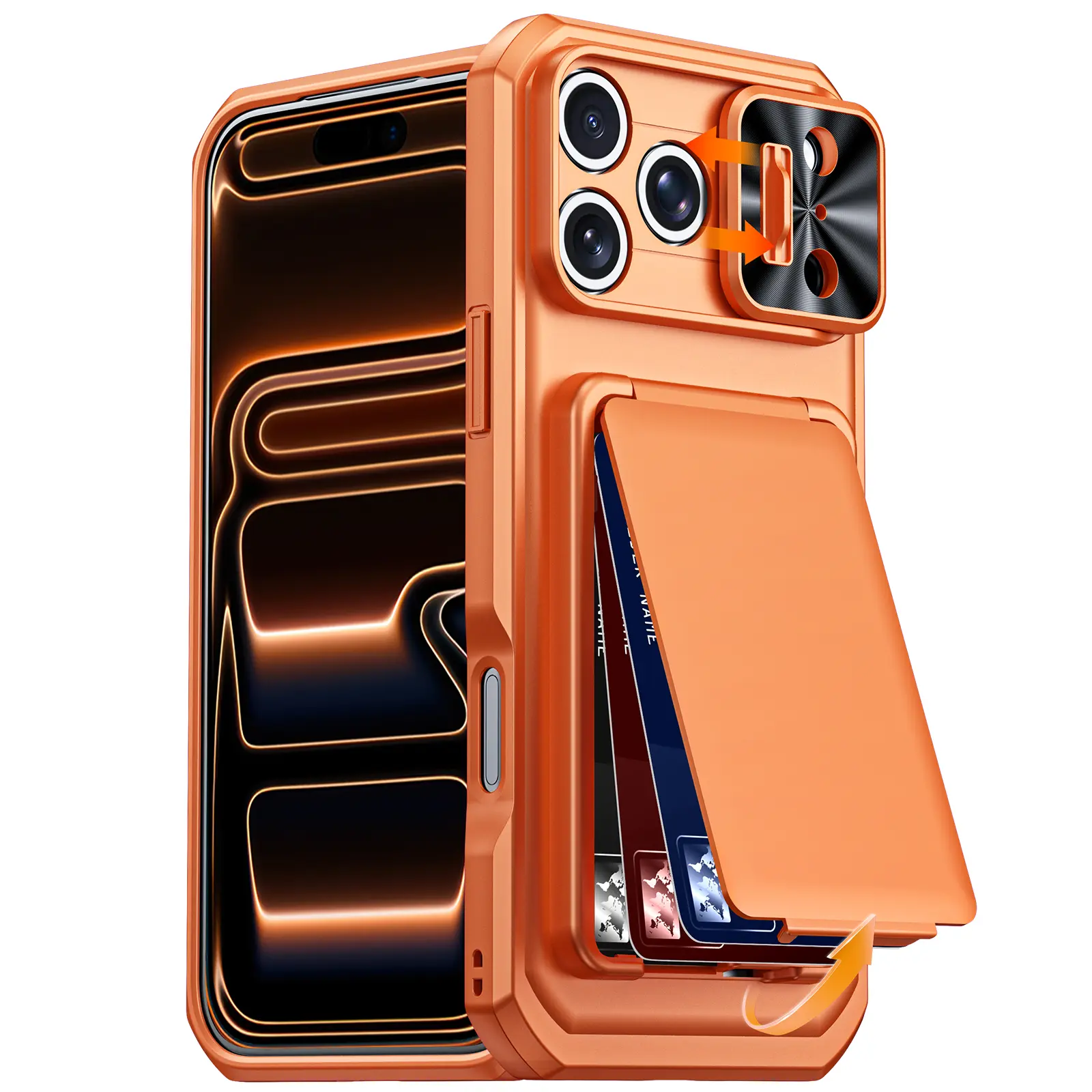 Shockproof Protective Phone Case with Card Holder, Sliding Camera Lens Cover for iPhone 18 17 16 15 Pro Max with RFID Blocking