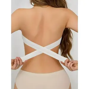 Wireless Boob Tube Top with Side Buckles, Sexy Strapless Nylon Knitted Fabric-Removable Padding, Cross Shoulder Strap Details, Solid Color Stretch Tube Top for Adults-Nylon 75%, Spandex 25%（gift） Bandeau Bra