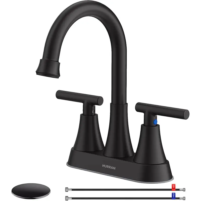 ATSHOWER 4-in Matte Black Brass Modern Centerset Bathroom Faucet - 3-Hole 2-Handle, Lead-Free Stainless Steel Industrial Standard Spout Faucet with Pop-up Drain & 2 Hot-Cold Mixing Supply Hoses for Vanity Sinks, Modern Centerset Faucet, 2 Mixing Hot Cold