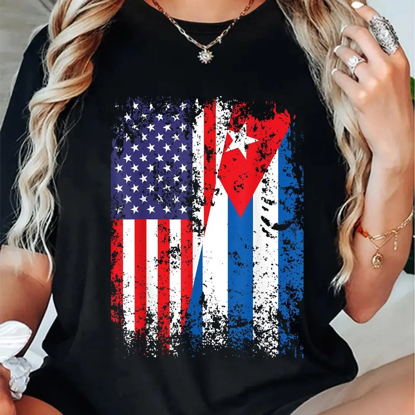 100% Cotton Fashion T-shirt with Cuban flag print, Cuban American style, fashion T-shirt
