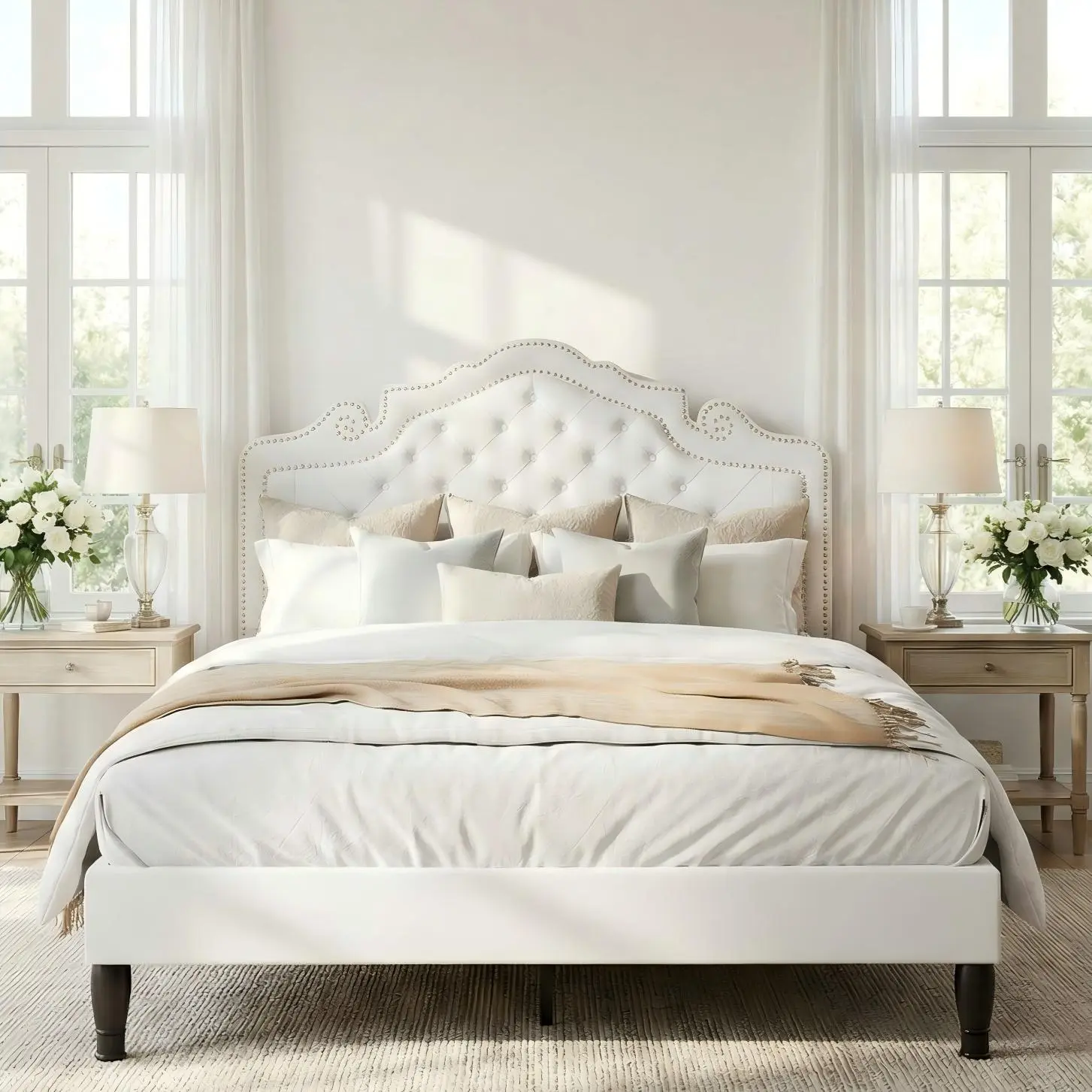 MUTICOR Royal Style Bed Frame with Adjustable Velvet Tiara Headboard【Frame Only No Mattress】 Upholstered Button Tufted Design,Wood Slats Support, No Box Spring Needed，Full/King/Queen Bed Frame #SummerVibes