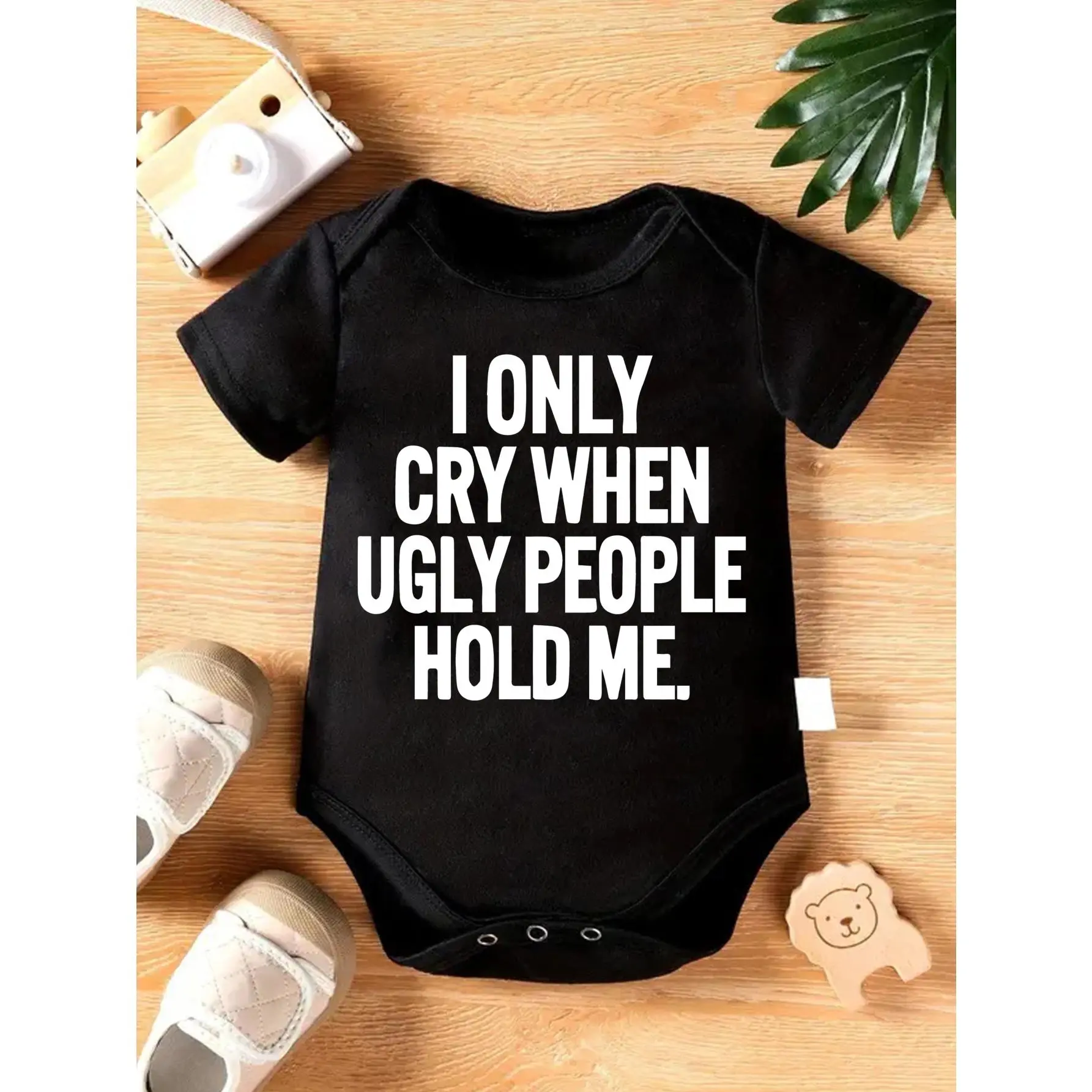 Unisex Newborn Baby & 0-12 Months Bodysuit, 96% Cotton-4% Elastane Knitted Fabric, Regular Fit, Round Neck, Tag-Free, Snap Button Detail, "I Only Cry When Ugly People Hold Me" Print, Soft All-Season Baby Items Onesie
