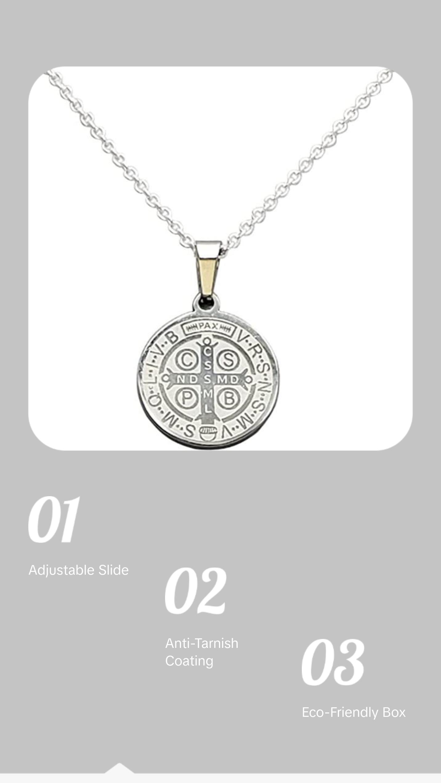 Stainless Steel Saint Benedict Double Sided Medallion Pendant On Sterling Silver Made In Italy Chain Necklace (Cable Chain, 18")