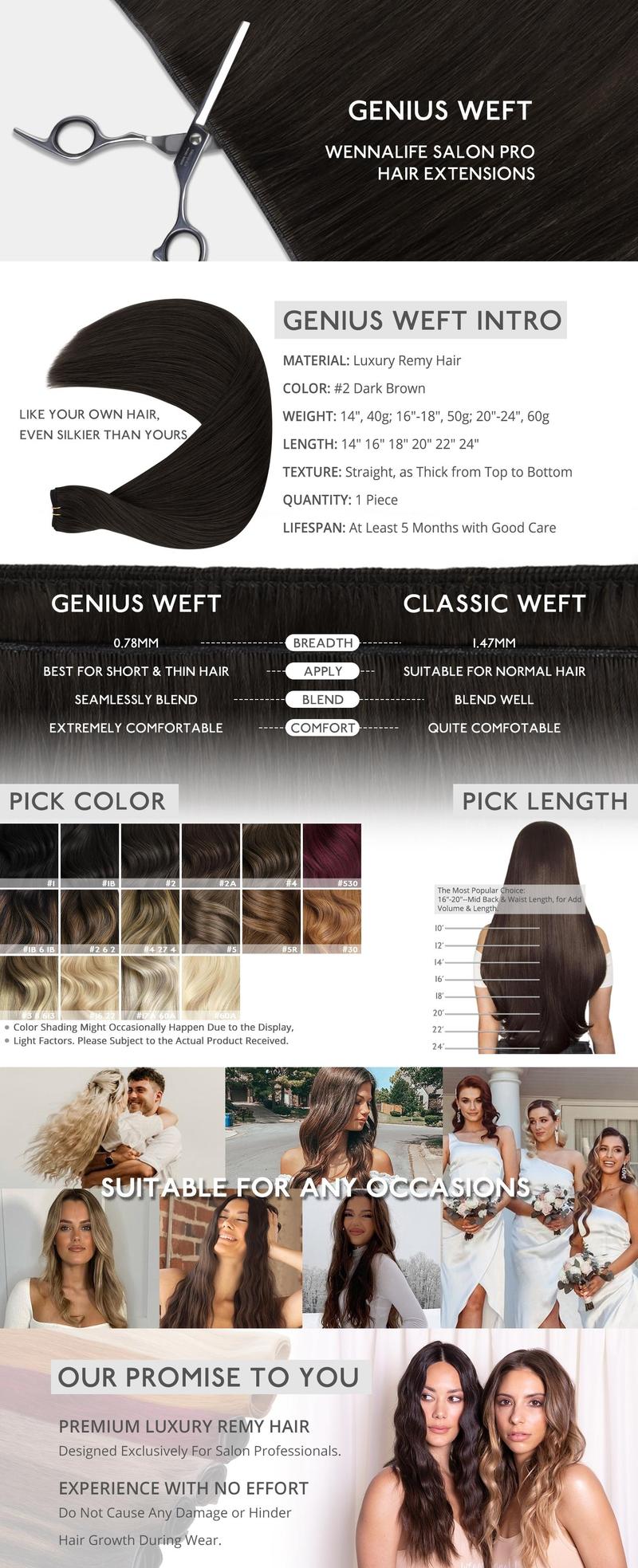 WENNALIFE Genius Sew In Weft Hair Extensions Real Human Hair 50g Sew in Hair Extensions for Women Natural Luxury Remy Hair Straight Invisible Extension