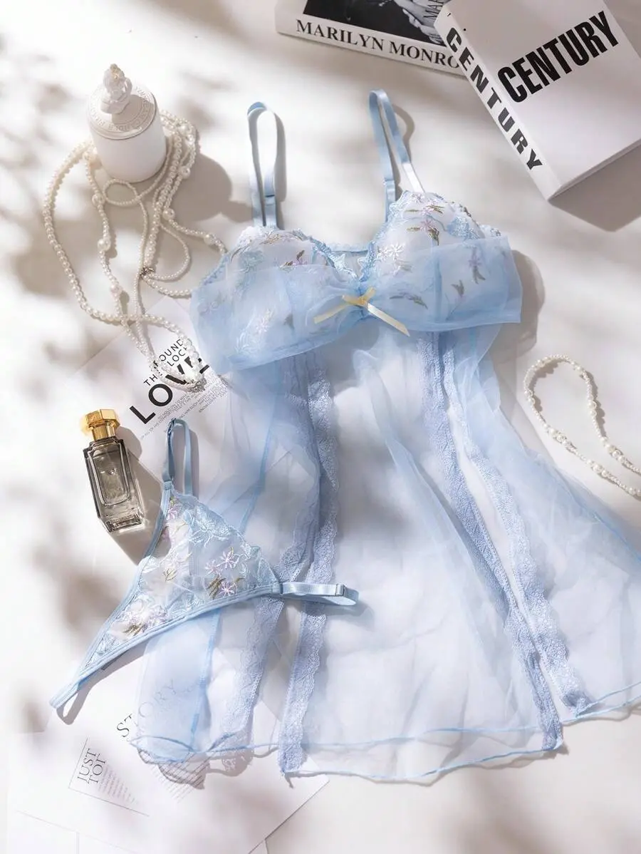 [HANOVER] 2pcs/Set Women Solid Color Embroidered Sheer Camisole Nightgown And Thong Panty Set
