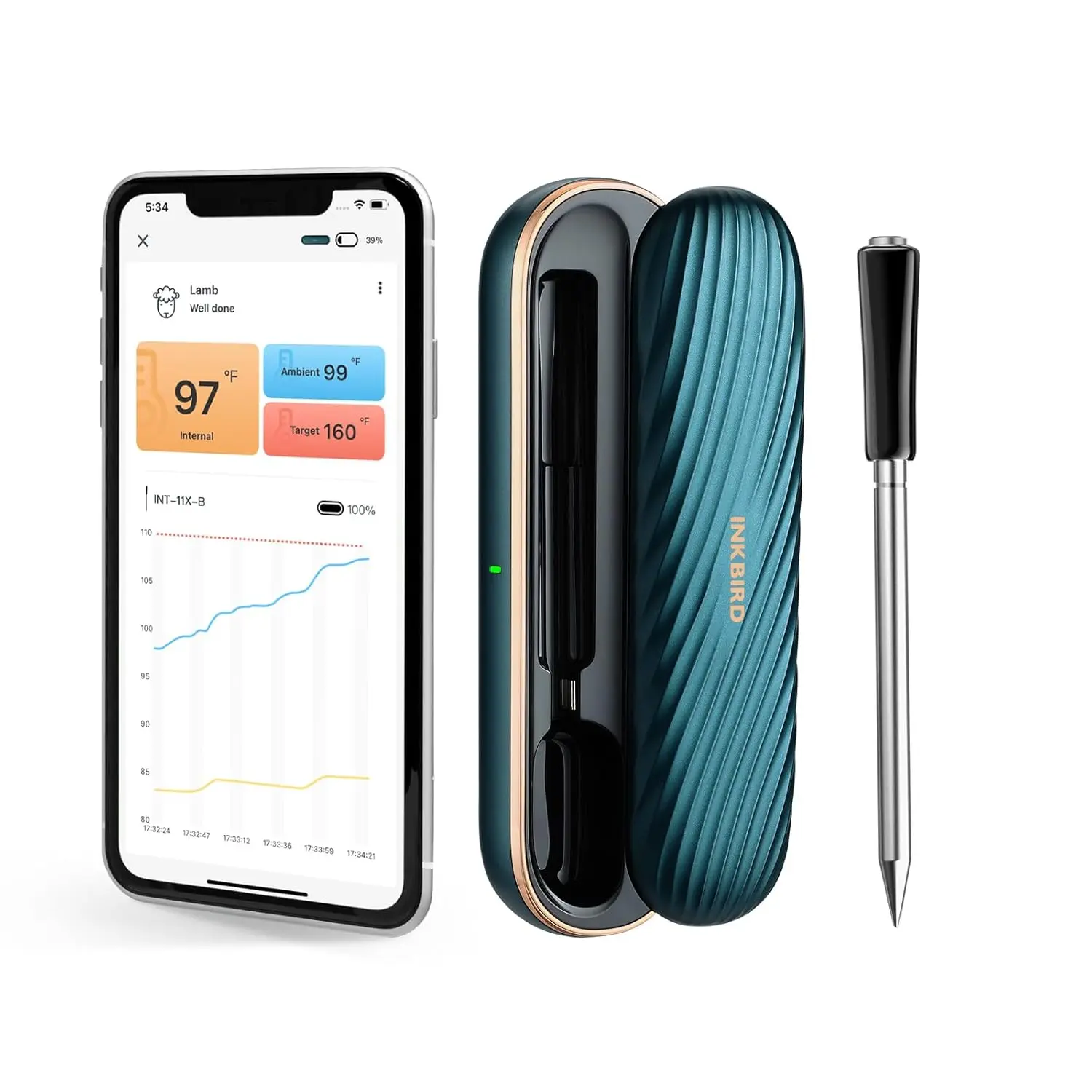INKBIRD Wireless Digital Meat Thermometer - IP67 Waterproof, 304 Stainless Steel, Zirconia Handle Grip, Dual Temp Sensing, LED Display, PVC Components, Alarm, USDA Menus Compatible Kitchen Utensil for Home Barbecue, Summer Stockup