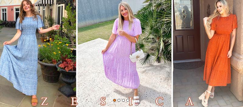 ZESICA Women's 2026 Summer Casual Floral Print Short Flutter Sleeve Crew Neck Smocked High Waist Flowy Maxi Dress