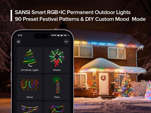 SANSI 100FT Permanent Outdoor Lights 6 x LED Strips Smart LED Lights 90 Scene Modes for Outside DIY Lighting Themes for Halloween Decorations IP67 Waterproof Works with Alexa Google Assistant TikTokShopBlackFriday