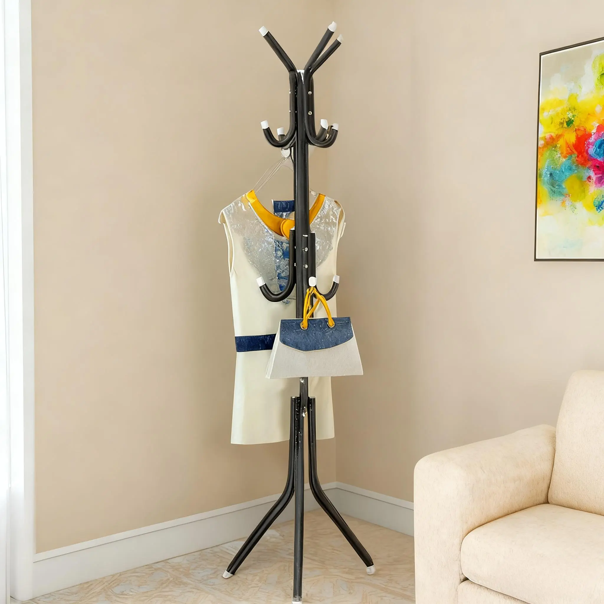 Freestanding Carbon Steel Garment Rack - Hall Tree with 12 Hooks, Sturdy Triangular Base, Compact Spacious Space Saver Entryway Stand with Display Stand Bag Hangers, Quick Setup Steel Pipes, Included Hat Organizer for Dorm, Hallway, Bedroom Home Furniture