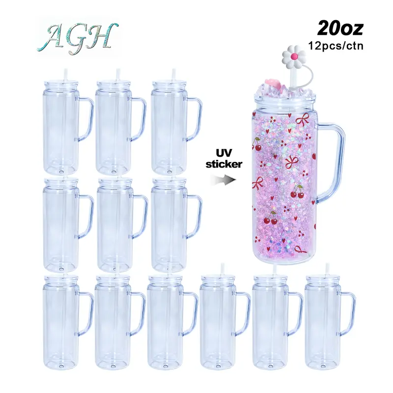 AGH New 20 oz Snow Globe Handle Tumbler Double Wall Plastic Handle Cups with Clear lids and Straws and straw Topper for DIY Glitter Gift Water Bottle 12pcs