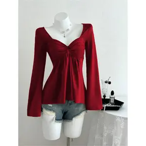 Autumn new solid-color twist-front design long-sleeve casual women's top Blouse, versatile style suitable for various occasions such as home, work, travel, gatherings, and bars.