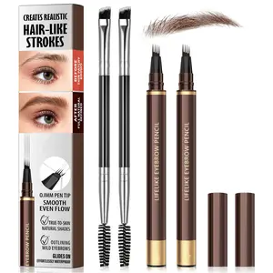 2 Pack 4-Tip Microblading Eyebrow Pen with 2 Brow Brushes, Waterproof Vegan Formula Eyebrow Pencils for Women to Effortlessly Create Natural Hair-Like Strokes, All-Day Wear (Dark Brown)