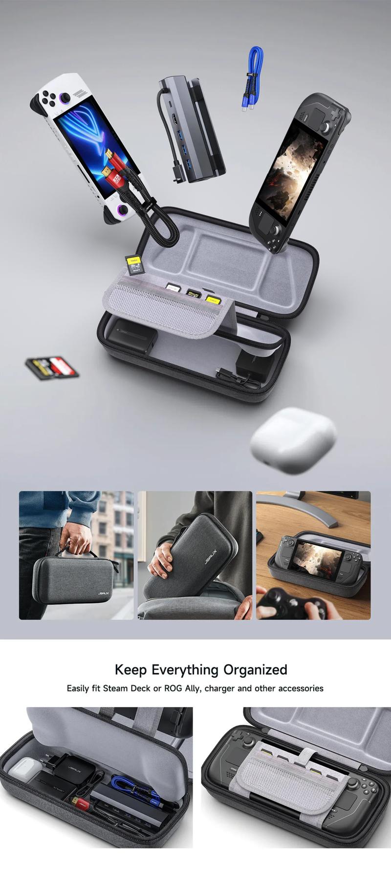 JSAUX Carrying Case Compatible with Steam Deck/ROG Ally/Switch 2, Protective Hard Shell Carry Case Built-in Charger & Docking Station Storage, Portable Travel Bag for Steam Deck OLED/ROG Ally X