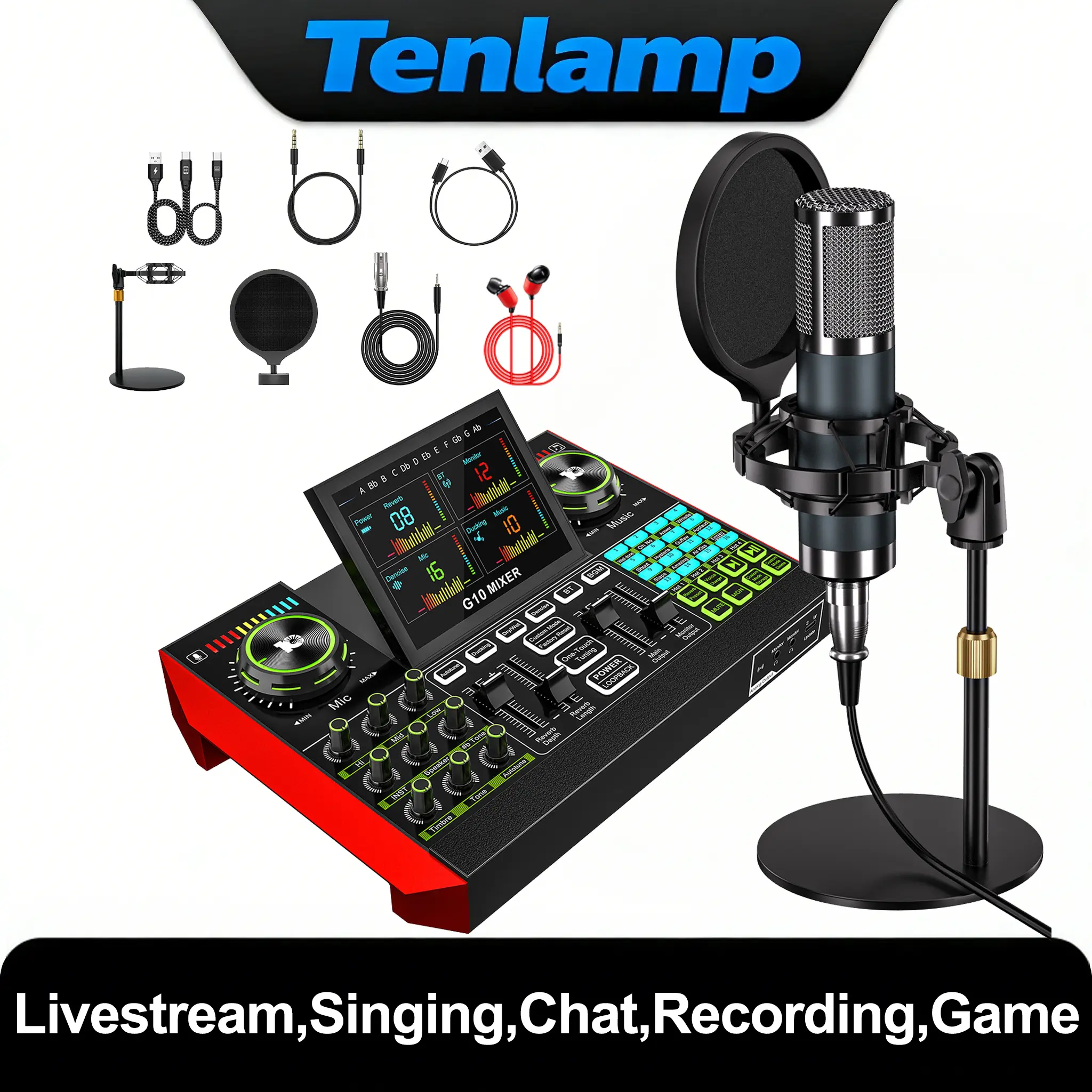Tenlamp Podcast Equipment Set, including a condenser microphone,  professional mixing console, and DJ effects processor with